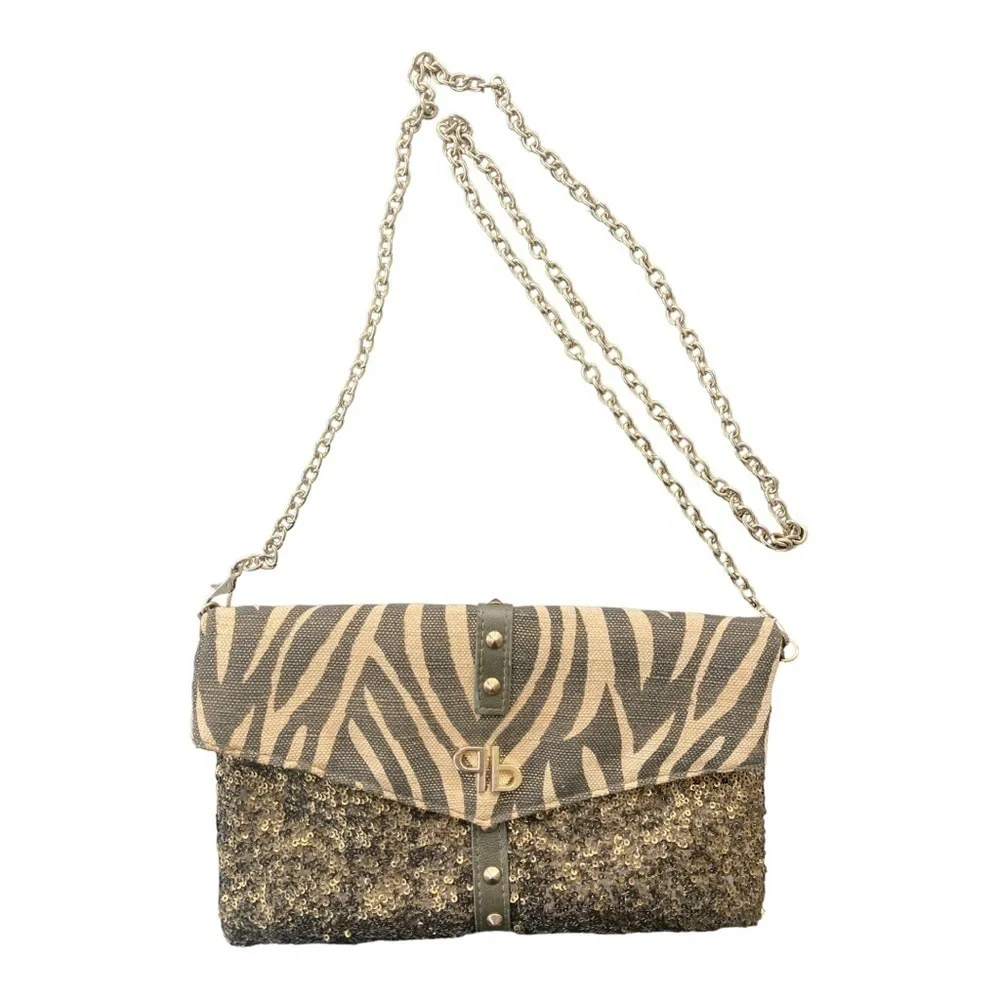 Pinko Shoulder Bag Clutch Animal Print and Sequins with Goldtone Chain